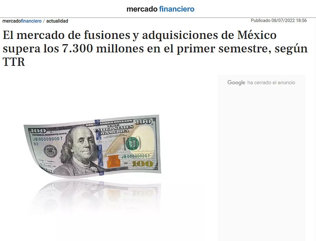 El mercado de fusiones y adquisiciones de Mxico supera los 7.300 millones en el primer semestre, segn TTR